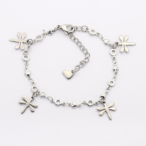 

PandaHall 304 Stainless Steel Dragonfly Charms Bracelets, with 304 Stainless Steel Findings, Lobster Claw Clasps and End Chains, Stainless...