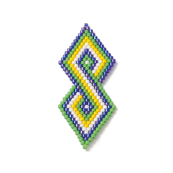 

PandaHall Handmade Loom Pattern MIYUKI Seed Beads, Double Rhombus Pendants, Green, 51.5x21.5x2mm, Hole: 0.9mm Glass Rhombus Green