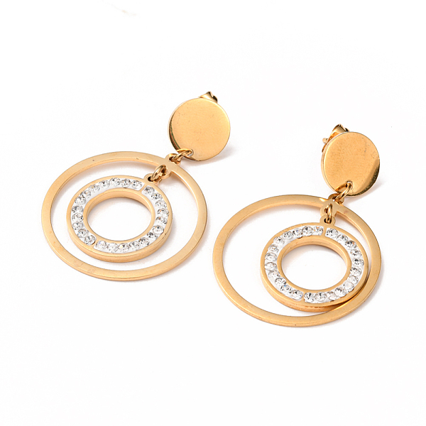 

PandaHall 304 Stainless Steel Dangle Stud Earrings, Double-Layer Earrings, with Polymer Clay Rhinestone and Ear Nuts, Ring, Golden, 46mm..., Clear
