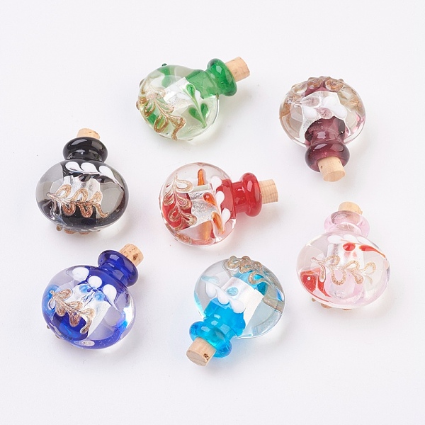 PandaHall Handmade Silver Foil Lampwork Perfume Bottle Pendants, Essential Oil Bottle, with Gold Sand, Mixed Color, 29.5~30mm, Hole: 5mm...