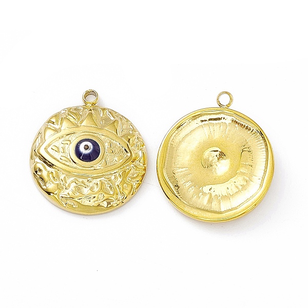 

PandaHall Vacuum Plating 201 Stainless Steel Pendants, with Enamel, Real 18K Gold Plated, Flat Round with Evil Eye Charm, Prussian Blue...