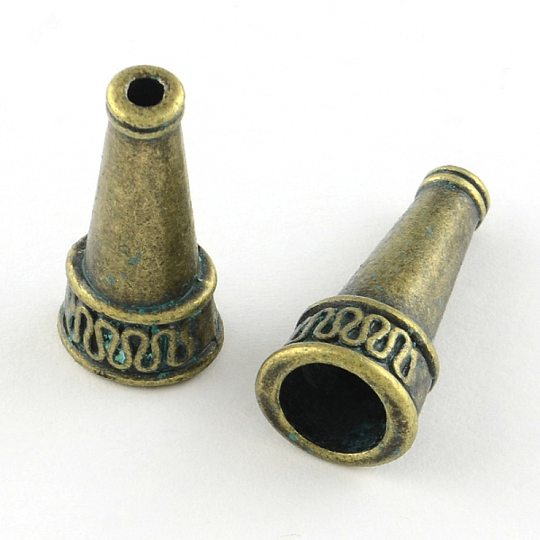 

PandaHall Cone Zinc Alloy Bead Caps, Cadmium Free & Lead Free, Antique Bronze & Green Patina, 22.5x10mm, Hole: 2.5~7mm Alloy