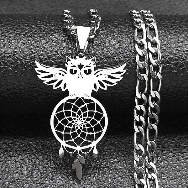 

PandaHall 304 Stainless Steel Necklaces, Owl with Woven Net/Web with Feather Pendant Necklaces, Stainless Steel Color, 19.96 inch(50.7cm)...