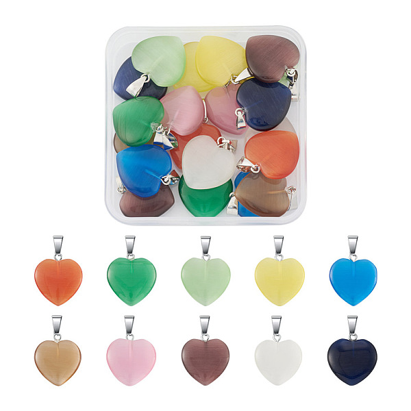 

PandaHall Cheriswelry 20Pcs 10 Colors Cat Eye Pendants, with Platinum Plated Zinc Alloy Finding, Heart, Mixed Color, 23x20x5.5mm, Hole..., Multicolor