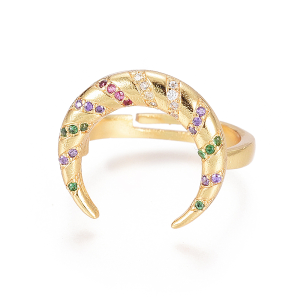 

PandaHall Adjustable Brass Micro Pave Cubic Zirconia Finger Rings, Long-Lasting Plated, Double Horn/Crescent Moon, Colorful, Golden, US Size...