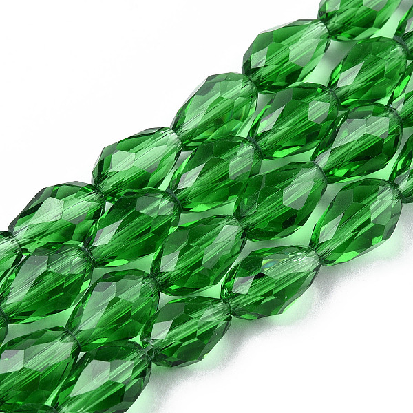 

PandaHall Glass Beads Strands, Faceted, teardrop, Green, 11x8mm, Hole: 1mm, about 57~59pcs/strand, 26.38~26.77 inch Glass Teardrop Green