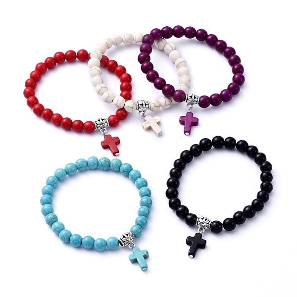 

PandaHall Stretch Charm Bracelets, with Synthetic Turquoise(Dyed) Beads, Tibetan Style Alloy Tube Bails, Cross, Mixed Color, Inner Diameter..., Multicolor