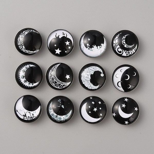 

PandaHall Platinum Plated Brass Jewelry Snap Buttons, with Glass Cabochons, Half Round/Dome, Moon Pattern, 18.5x9mm, Knob: 5.7mm, 12pcs/set...