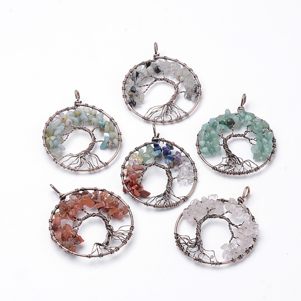 

PandaHall Natural Gemstone Big Pendants, with Iron Findings, Tree of Life, Red Copper, 64x50~51x5mm, Hole: 4x5mm Mixed Stone Tree