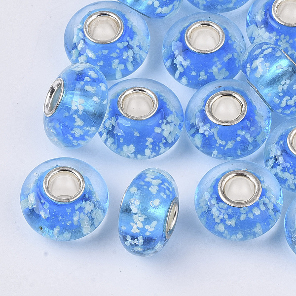 

PandaHall Handmade Lampwork European Beads, Large Hole Beads, with Brass Silver Color Plated Single Cores, Luminous, Rondelle, Dodger Blue...