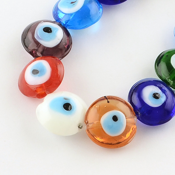 

PandaHall Flat Round Evil Eye Lampwork Bead Strands, Mixed Color, 15~16x8~9mm, Hole: 2mm, about 24pcs/strand, 13.7 inch Lampwork Evil Eye..., Multicolor