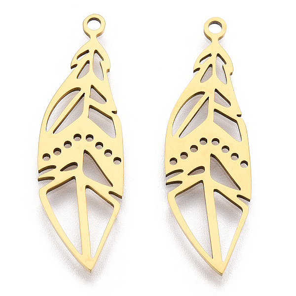 

PandaHall 201 Stainless Steel Pendants, Filigree Joiners Findings, Laser Cut, Feather, Golden, 33x10x1mm, Hole: 1.6mm 201 Stainless Steel...