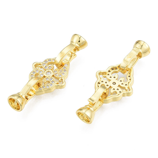 

PandaHall Brass Micro Pave Clear Cubic Zirconia Fold Over Clasps, Nickel Free, Flower, Real 18K Gold Plated, Flower: 17x14.5x3mm, Clasp...
