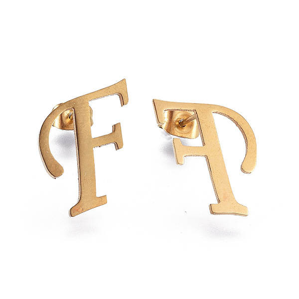 

PandaHall 304 Stainless Steel Stud Earrings, Hypoallergenic Earrings, Alphabet, Letter.F, 13x12x1mm, Pin: 0.7mm 304 Stainless Steel Letter F