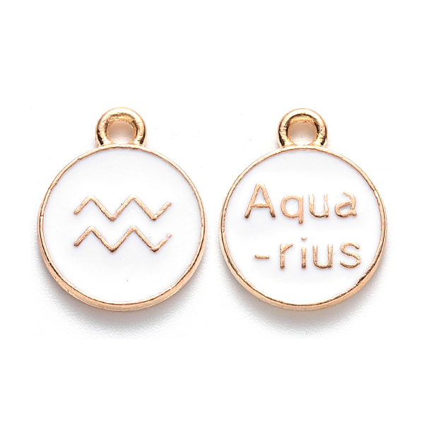 

PandaHall Alloy Enamel Pendants, Cadmium Free & Lead Free, Flat Round with Constellation, Light Gold, White, Aquarius, 22x18x2mm, Hole...