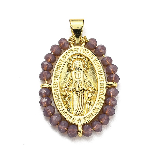 

PandaHall Brass with Glass Pendants, Cadmium Free & Lead Free, Real 18K Gold Plated, Oval with Virgin Mary Pattern, Rosy Brown...