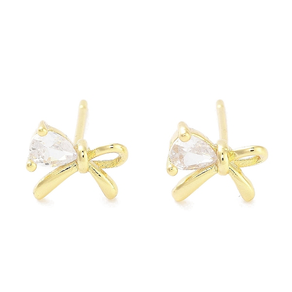 

PandaHall Brass Cubic Zirconia Stud Earrings for Women, Bowknot, Real 18K Gold Plated, 7x8mm Brass Bowknot Clear