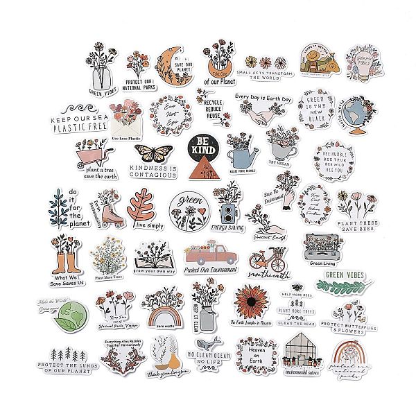 PandaHall 50Pcs 50 Styles Environmental Theme Paper Sticker Label Set, Adhesive Label Stickers, for Suitcase & Skateboard & Refigerator...