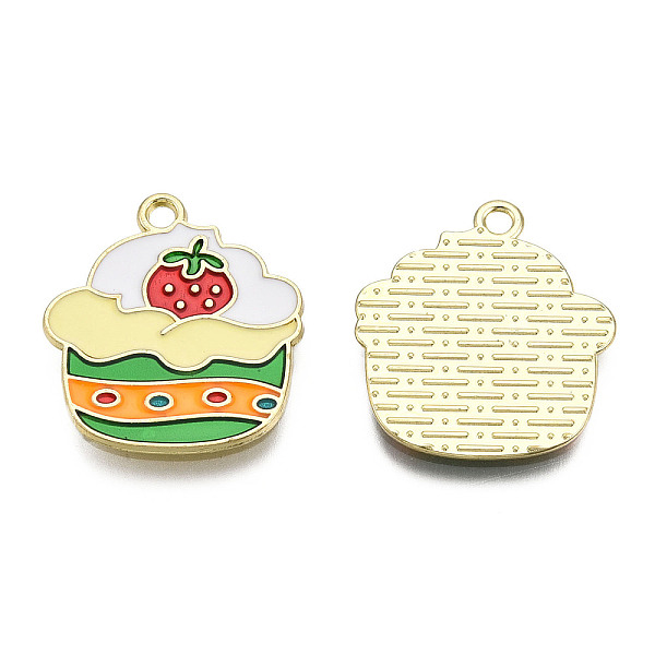 PandaHall Alloy Enamel Pendants, Cadmium Free & Lead Free, Strawberry Cake Charms, Golden, Lime Green, 22x20x1.3mm, Hole: 1.8mm Alloy+Enamel...