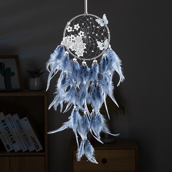 

PandaHall Butterfly Woven Web/Net with Feather Decorations, for Home Bedroom Hanging Decorations, Steel Blue, 600x160mm Feather Feather