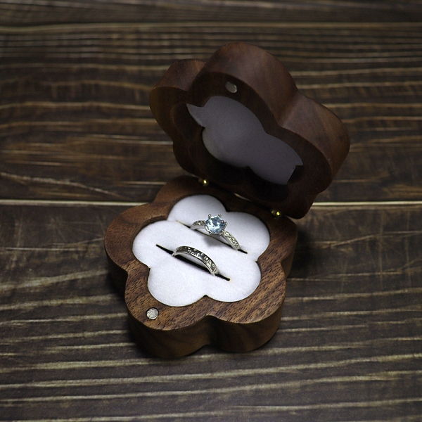 PandaHall Flower Wood Wedding Ring Storage Boxes with Velvet Inside, Wooden Couple Ring Gift Case with Magnetic Clasps, Saddle Brown...