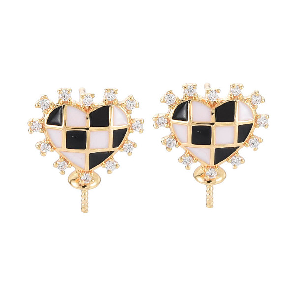 

PandaHall Brass Micro Pave Clear Cubic Zirconia Stud Earring Findings, with Enamel, for Half Drilled Beads, Nickel Free, Heart, Real 18K..., Black