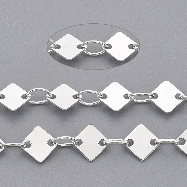 

PandaHall Soldered Brass Link Chains, with Spool, Rhombus, Silver Color Plated, 3.8x2.5x0.5mm, about 39.37 Feet(12m)/roll Brass