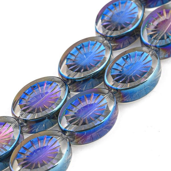 

PandaHall Electroplate Glass Beads Strands, Full Plated, Oval with Flower, Blue, 14x10.4x4.8mm, Hole: 1.2mm, about 45pcs/strand, 25.04 inch...