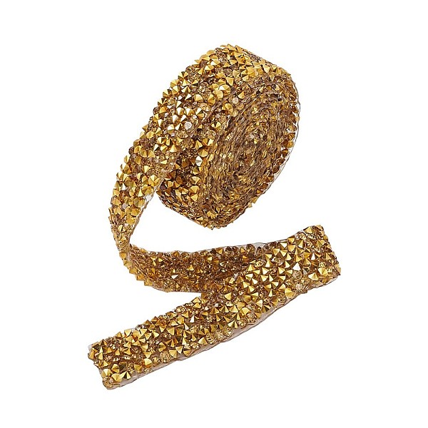 PandaHall Glitter Resin Hotfix Rhinestone(Hot Melt Adhesive On The Back), Rhinestone Trimming, Costume Accessories, Gold, 15x2.3mm, about...