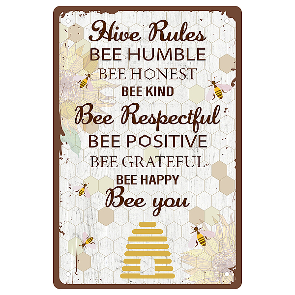 PandaHall CREATCABIN Metal Tin Sign Hive Rules Bee Humble Bee Honest Bee Kind Vintage Inspirational Quotes Wall Decoration for Home Kitchen...