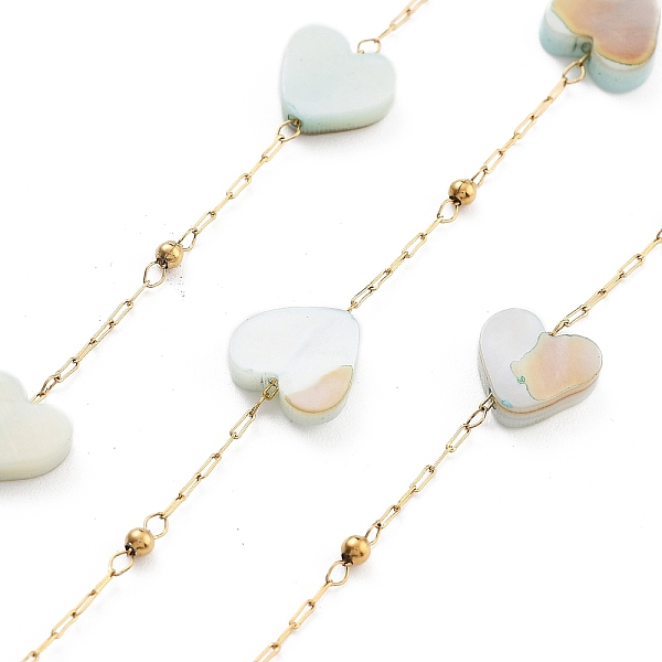 

PandaHall Handmade Heart Natural Shell Beaded Chains, with Ion Plating(IP) 304 Stainless Steel Paperclip Chains, Unwelded, Real 18K Gold...