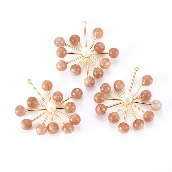 

PandaHall Natural Sunstone Cluster Pendants, with Natural Pearl and Golden Plated Brass Peg Bails, Flower, 46~48x39~42x7mm, Hole: 1.6mm...