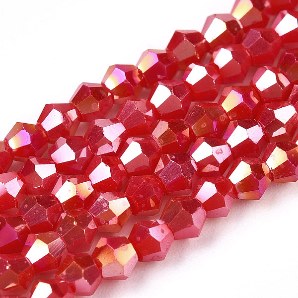 

PandaHall Opaque Solid Color Electroplate Glass Beads Strands, AB Color Plated, Faceted, Bicone, Crimson, 3x2.5mm, Hole: 0.7mm, about..., Pink