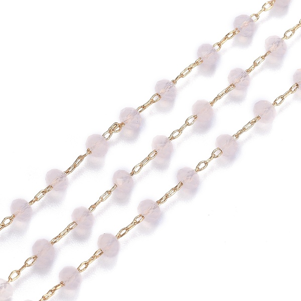 

PandaHall Brass Handmade Faceted Glass Beaded Chains, with Spool, Soldered, Long-Lasting Plated, Real 18K Gold Plated, Rondelle, Pink...