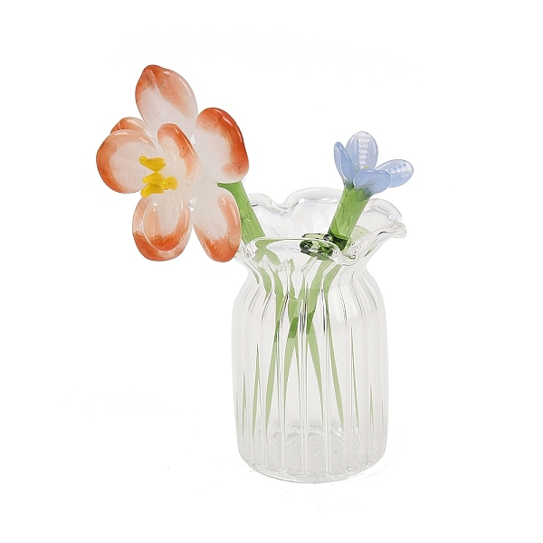 Juego de flores y jarrones de cumpleaños hechos a mano con lampwork para exhibición de mesa.
