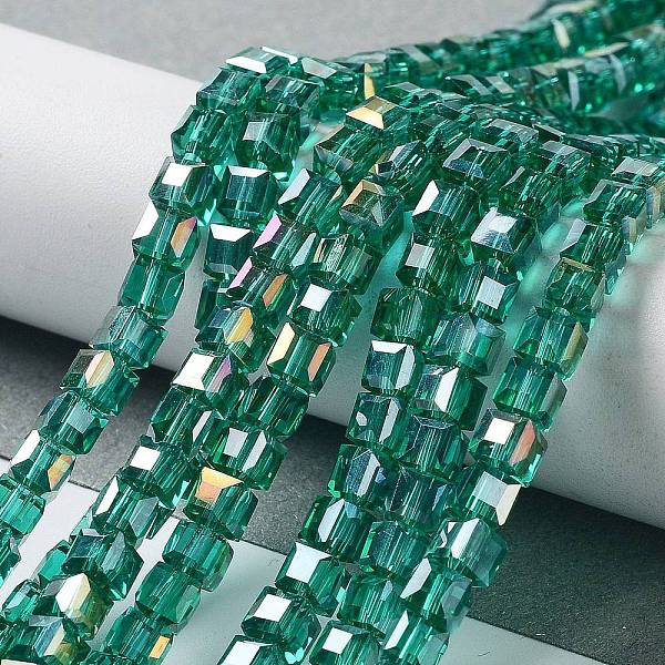 

PandaHall Electroplate Glass Beads Strands, AB Color Plated, Faceted, Cube, Teal, 4x4x4mm, Hole: 1mm, about 100pcs/strand, 17 inch Glass..., Cyan