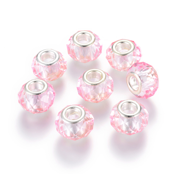 

PandaHall Handmade Glass European Beads, Large Hole Beads, Silver Color Brass Core, Pearl Pink, 14x8mm, Hole: 5mm Glass+Brass Core Rondelle
