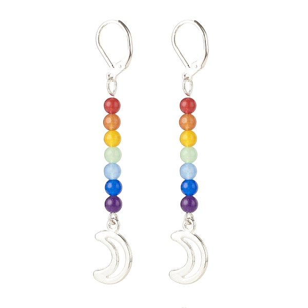 PandaHall Natural Malaysia Jade with Alloy Moon Long Dangle Leverback Earrings, 7 Chakra Gemstone Jewelry for Women, Antique Silver, 66mm...