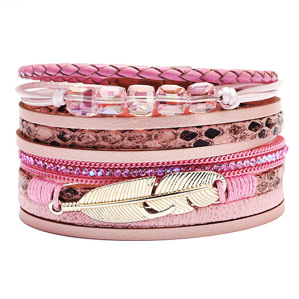 

PandaHall PU Leather Multi-strand Bracelets, with Wax Polyester Cords, Alloy Magnetic Clasp and Rhinestone, Feather, Golden, Pink, 7-1/2...