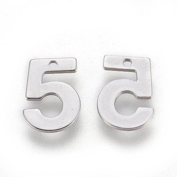 PandaHall 201 Stainless Steel Charms, Number, Num.5, 11x7.5x0.6mm, Hole: 1mm 201 Stainless Steel Number