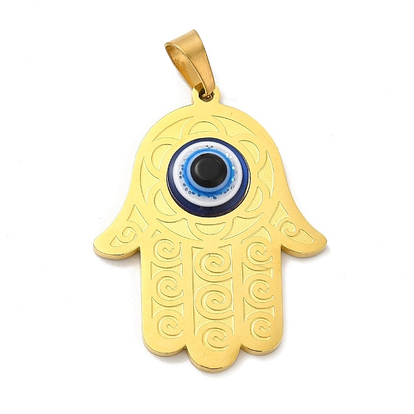 

PandaHall Ion Plating(IP) 304 Stainless Steel Pendants, Religion Hamsa Hand Charms with Blue Glitter Enamel, Golden, 44x34x5.5mm, Hole...