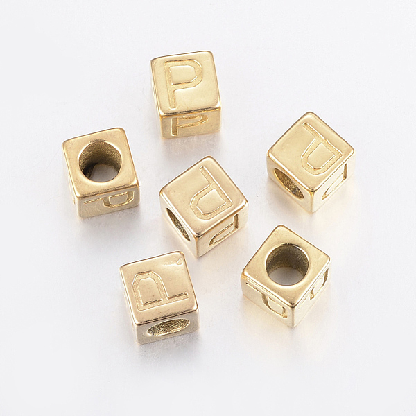 

PandaHall 304 Stainless Steel Large Hole Letter European Beads, Horizontal Hole, Cube with Letter.P, Golden, 8x8x8mm, Hole: 5mm 304...