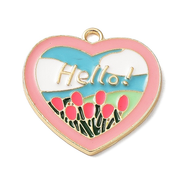 

PandaHall Alloy Enamel Pendants, Light Gold, Heart with Flower & Word Hello Charm, Colorful, 26x26x1.5mm, Hole: 2mm Alloy+Enamel Heart