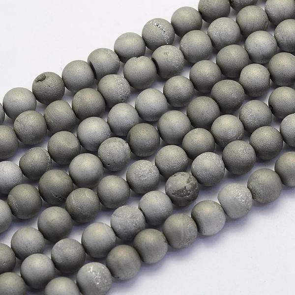 PandaHall Electroplate Natural Druzy Agate Beads Strands, Round, Frosted, Platinum Plated, 8mm, Hole: 1mm, about 45~48pcs/strand, 14.9 inch...