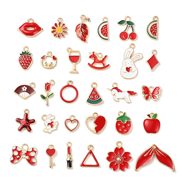 

PandaHall 30Pcs 30 Style Light Gold Alloy Enamel Pendants, Watermelon & Triangle & Leaf & Unicorn & Heart & Apple & Flower & Cherry &..., Red
