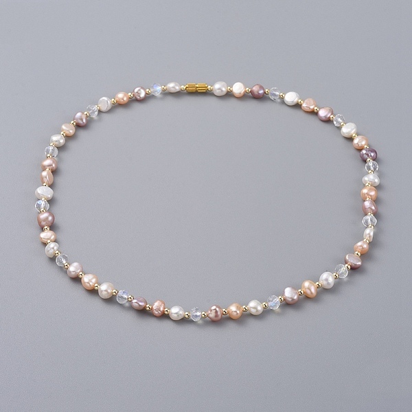 

PandaHall Cultured Freshwater Pearl Beaded Necklaces, with Faceted Rondelle Glass Beads, Brass Beads & Screw Clasps, Cardboard Box, Golden...