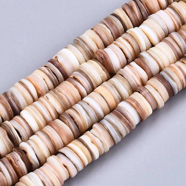 

PandaHall Natural Freshwater Shell Beads Strands, Heishi Beads, Flat Round/Disc, BurlyWood, 8~9x1~3mm, Hole: 1mm, about 178~182pcs/strand..., Orange