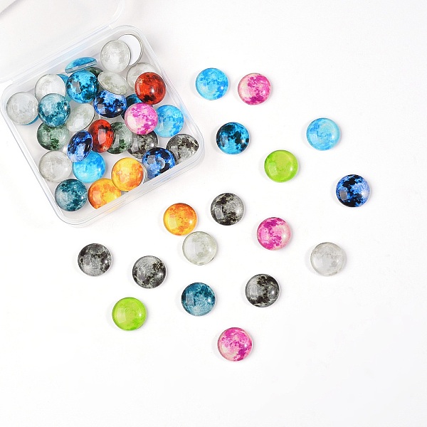 

PandaHall Luminous Glass Cabochons, Planet Pattern, Half Round, Mixed Color, 15x4mm, 50pcs/box Glass Planet Multicolor