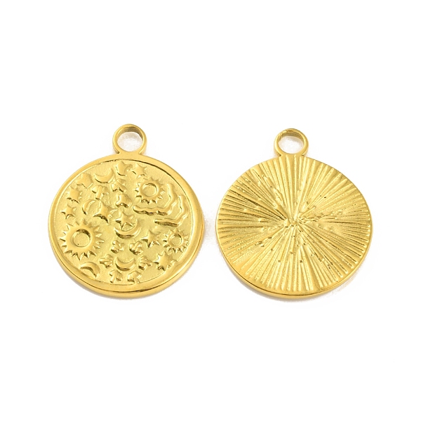 

PandaHall Ion Plating(IP) 304 Stainless Steel Pendants, Flat Round with Sun & Star & Moon, Real 18K Gold Plated, 20x16.5x1.5mm, Hole: 2.5mm...
