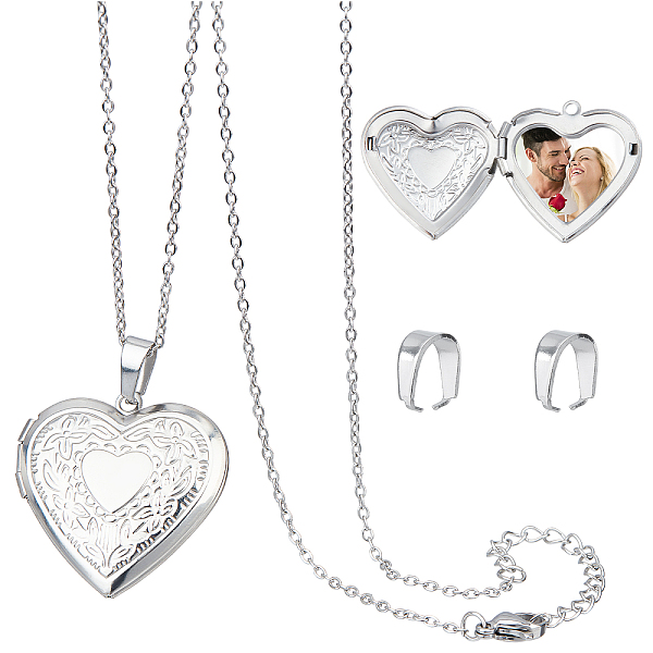 

PandaHall DICOSMETIC Stainless Steel Heart Carved Pattern Photo Locket Pendants Heart Shapes Pendant Necklace Set Personalized Photo Heart...